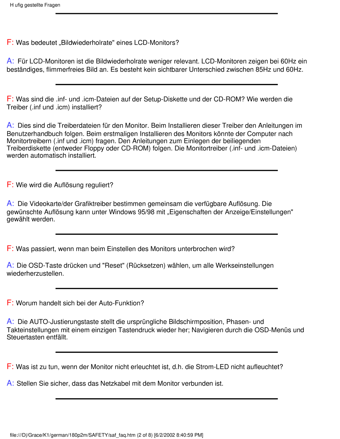 Philips 180P2G user manual Häufig gestellte Fragen 