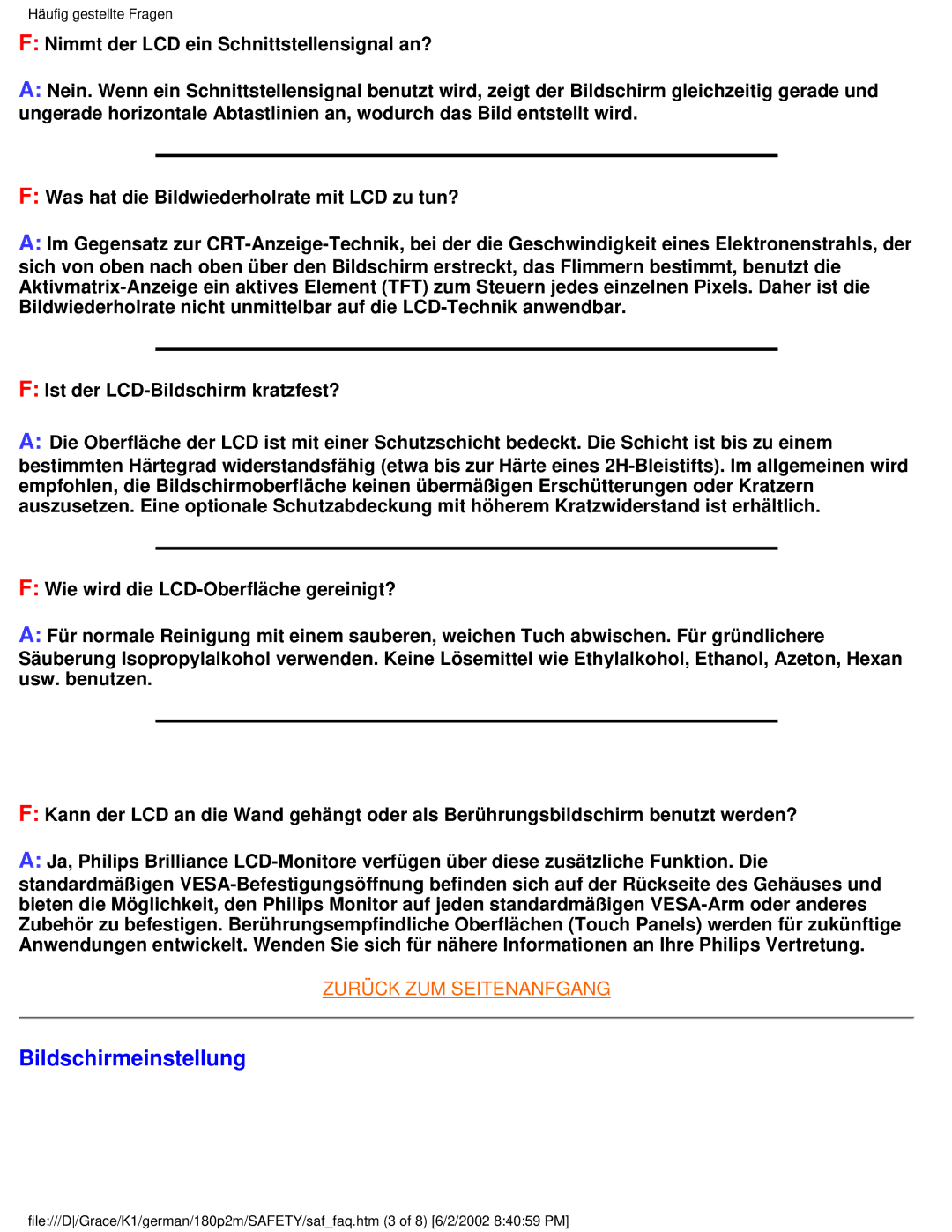 Philips 180P2G user manual Bildschirmeinstellung 