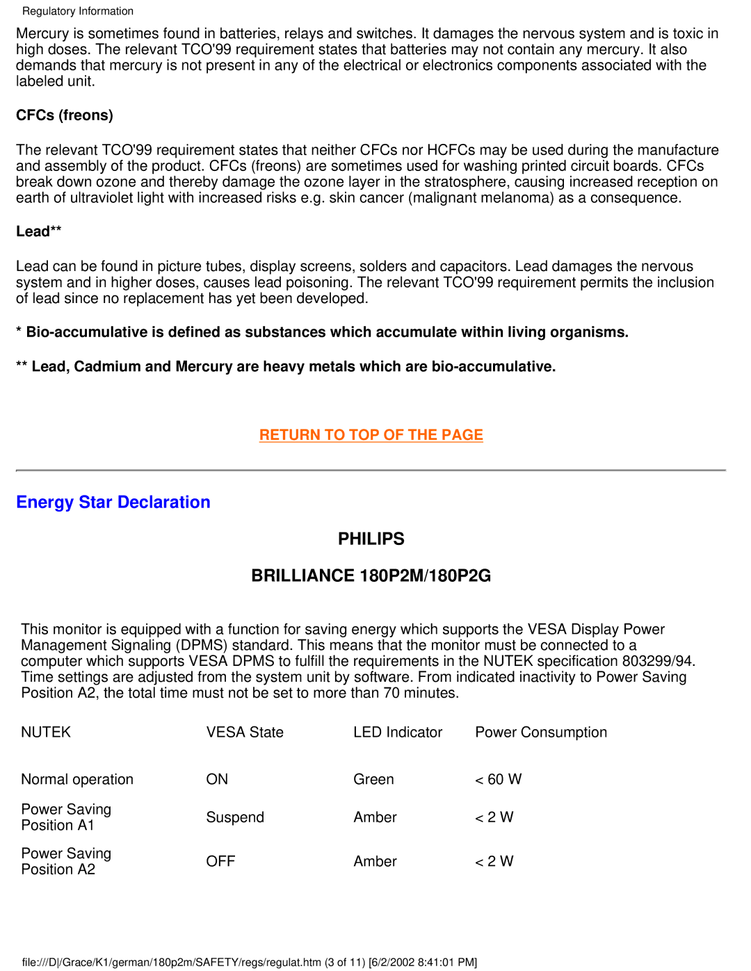 Philips 180P2G user manual Energy Star Declaration, CFCs freons 