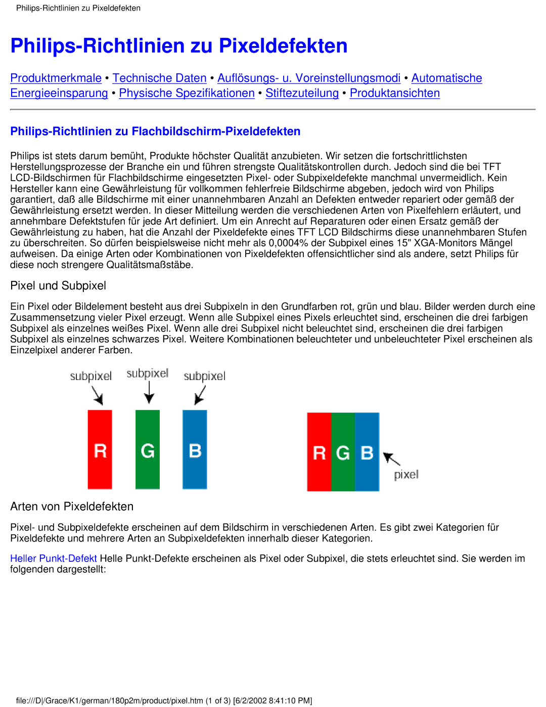 Philips 180P2G user manual Philips-Richtlinien zu Pixeldefekten 