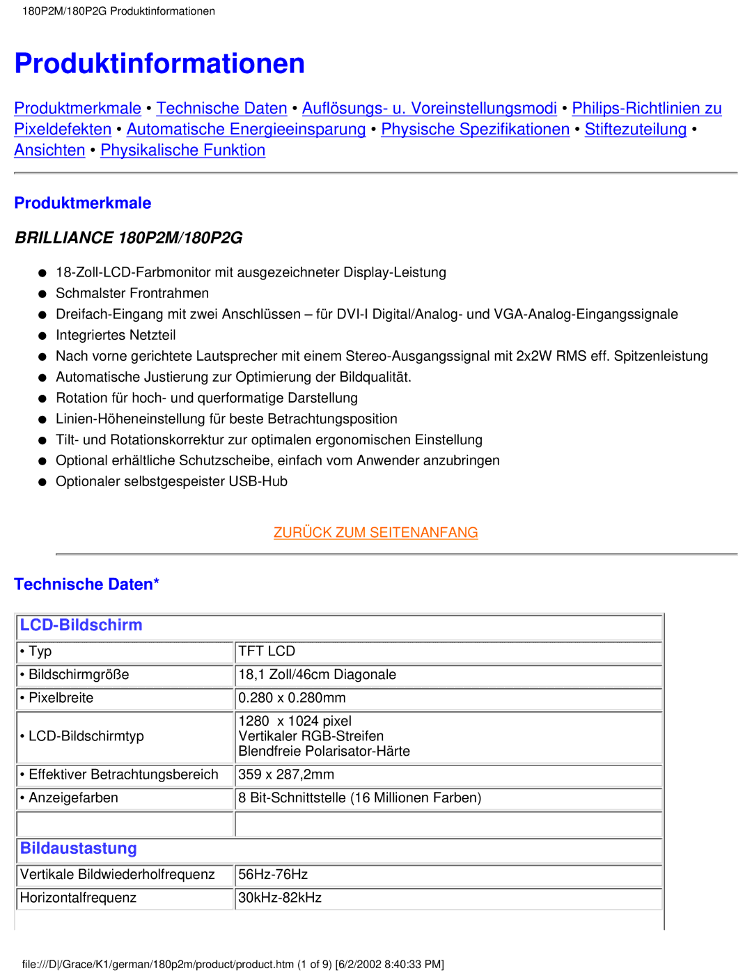 Philips 180P2G user manual Produktinformationen 