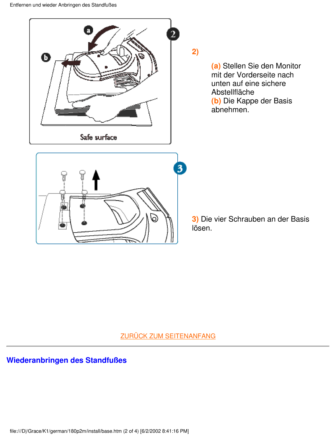 Philips 180P2G user manual Wiederanbringen des Standfußes 