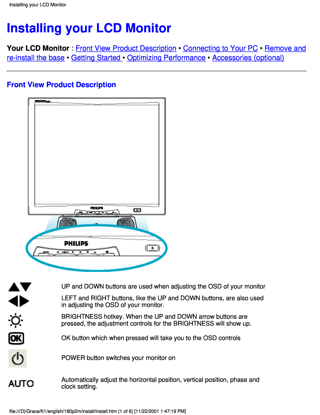 Philips 180P2M user manual Installing your LCD Monitor, Front View Product Description 
