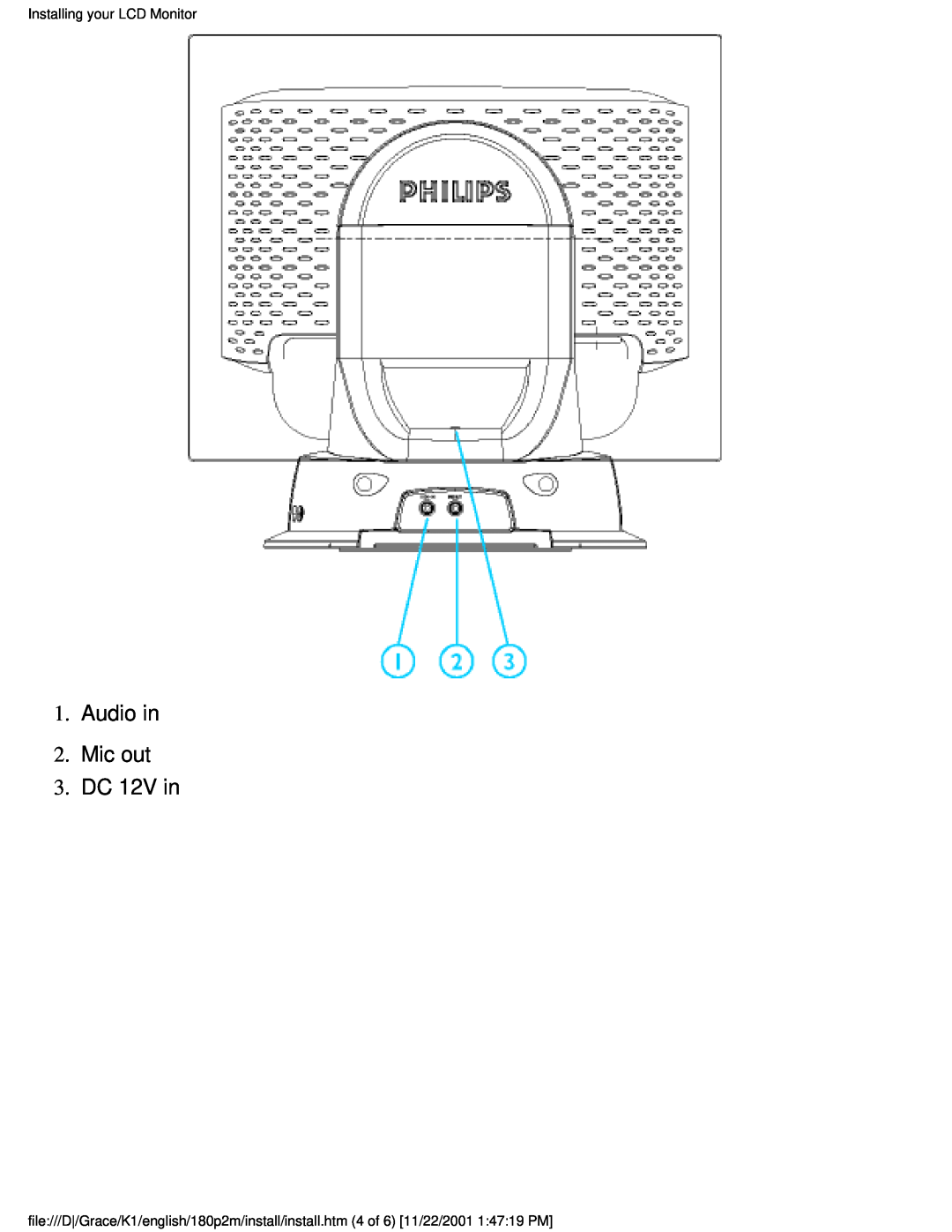 Philips 180P2M user manual Audio in 2. Mic out 3. DC 12V in, Installing your LCD Monitor 