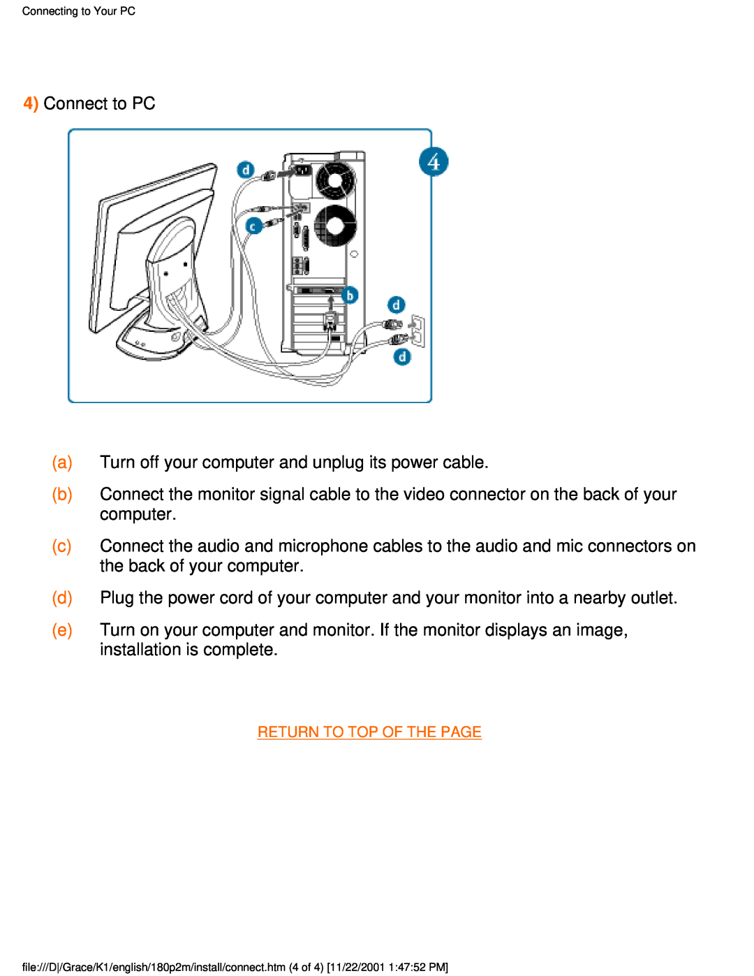 Philips 180P2M user manual Connect to PC a Turn off your computer and unplug its power cable 