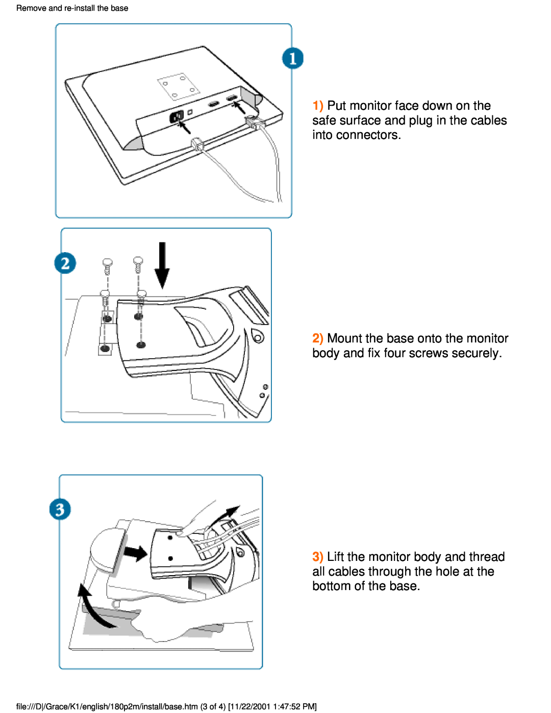 Philips 180P2M user manual Mount the base onto the monitor body and fix four screws securely 