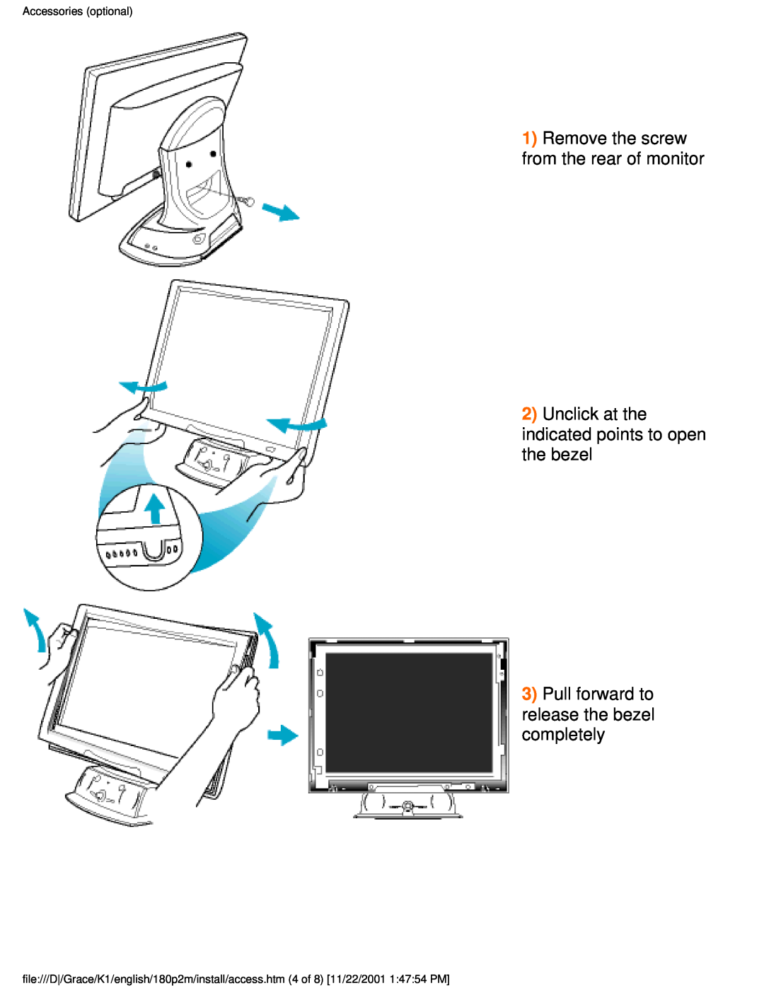 Philips 180P2M user manual Remove the screw from the rear of monitor, Unclick at the indicated points to open the bezel 