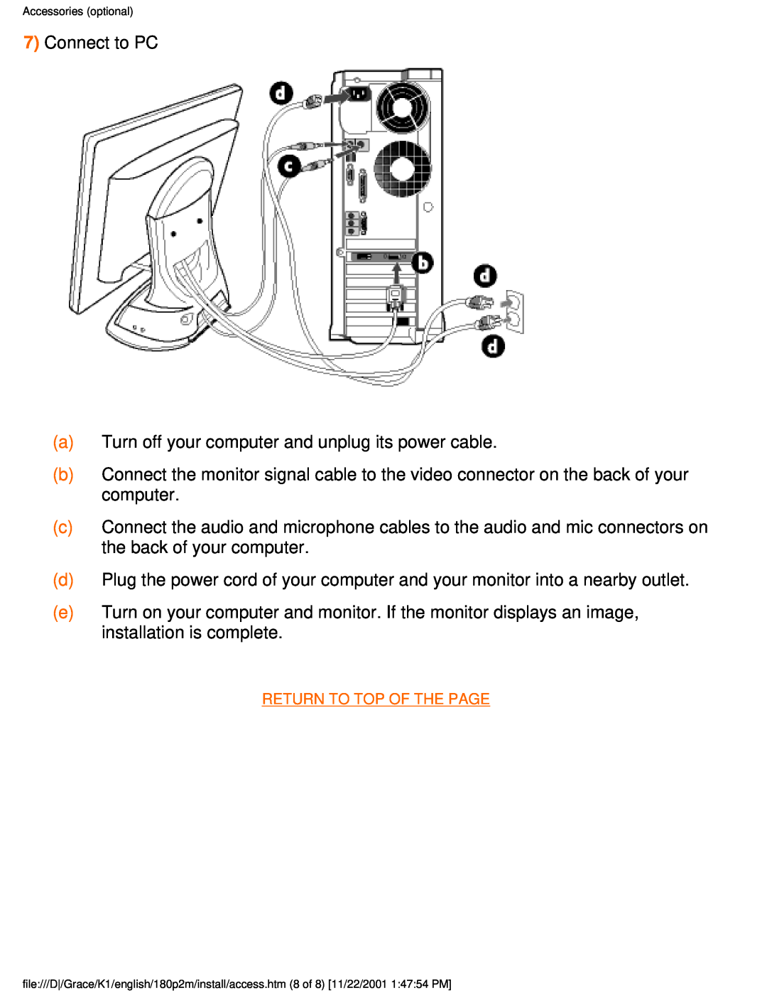 Philips 180P2M user manual Connect to PC a Turn off your computer and unplug its power cable 