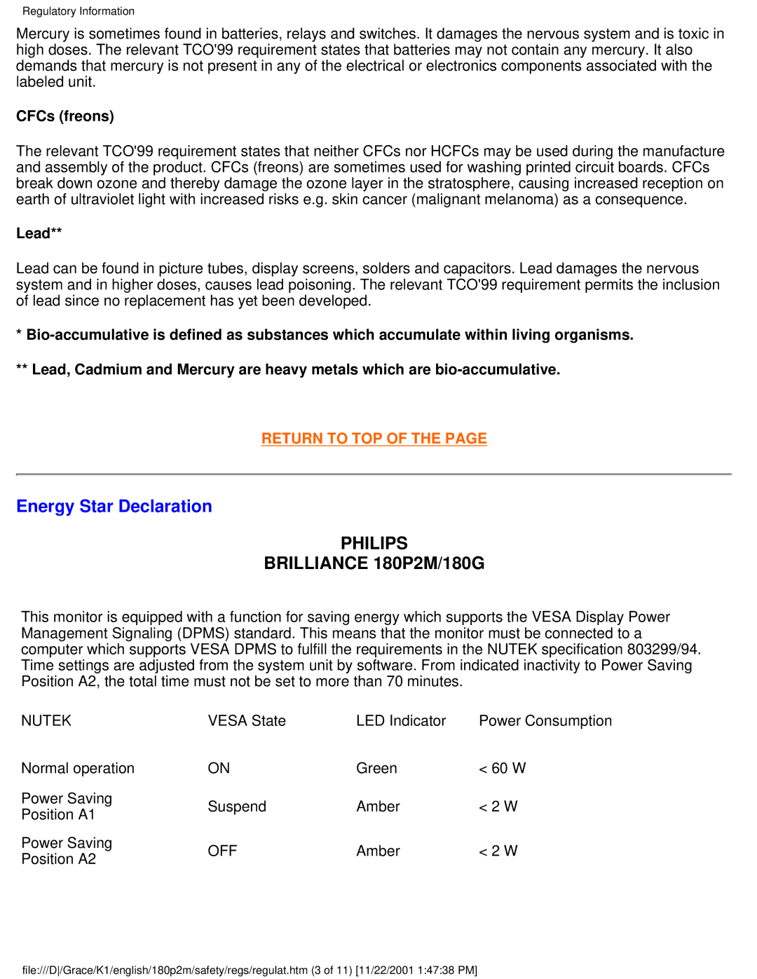 Philips 180P2M user manual Energy Star Declaration, CFCs freons 