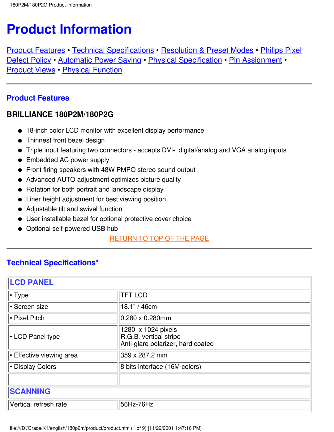 Philips 180P2M user manual Product Information, Product Features, Technical Specifications 