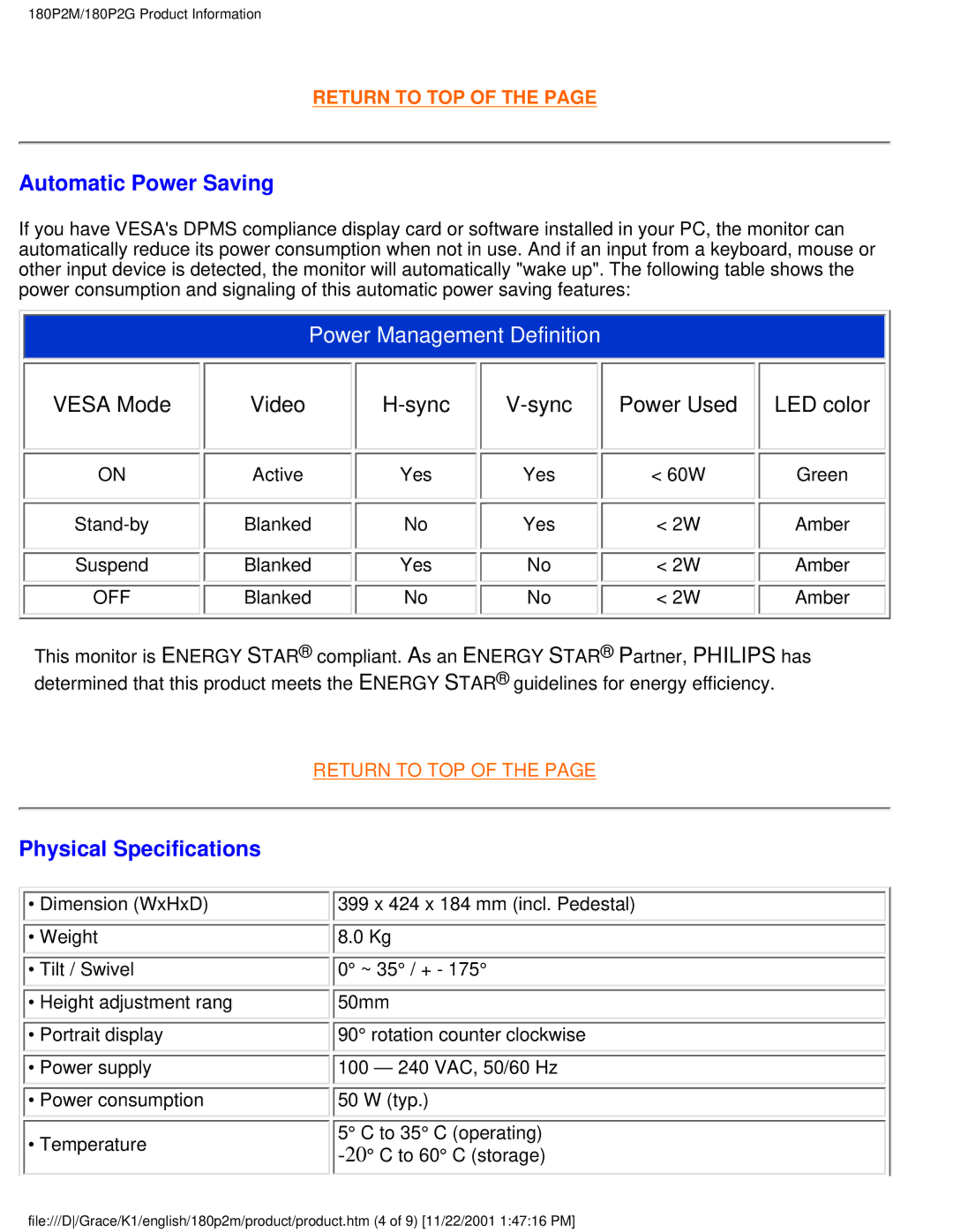 Philips 180P2M user manual Automatic Power Saving, Physical Specifications 