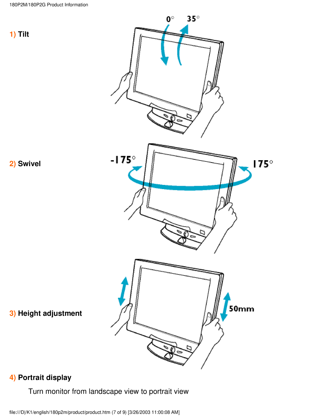 Philips 180P2M/180P2G Tilt Swivel Height adjustment Portrait display, Turn monitor from landscape view to portrait view 