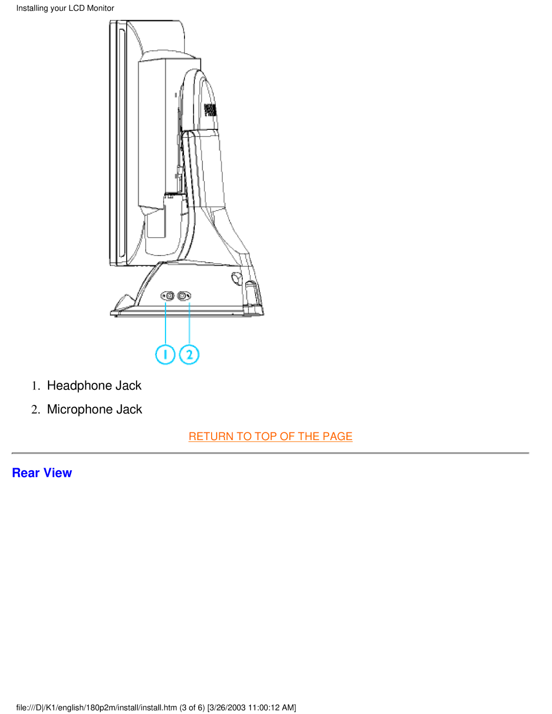 Philips 180P2M/180P2G user manual Headphone Jack Microphone Jack, Rear View 