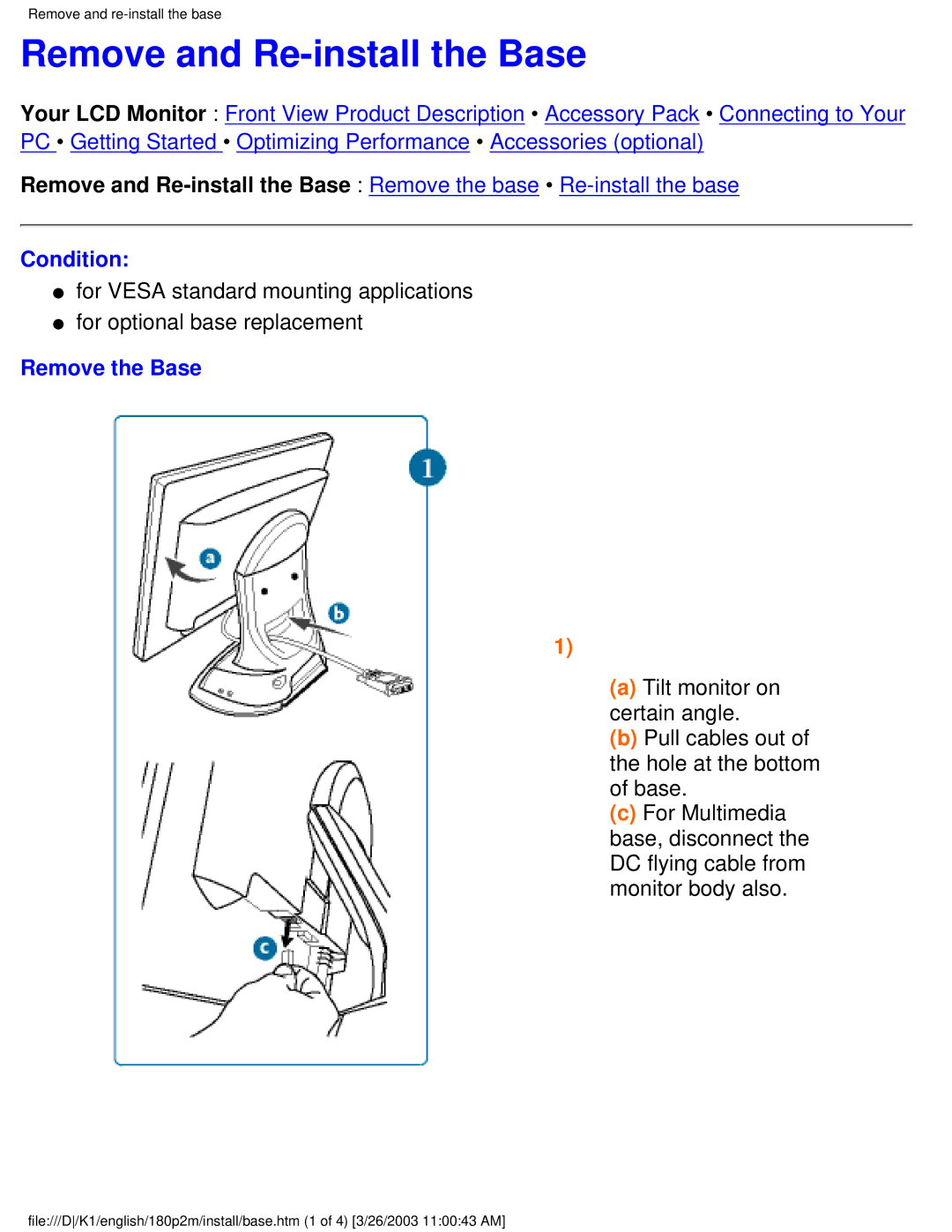 Philips 180P2M/180P2G user manual Remove and Re-install the Base, Condition, Remove the Base 