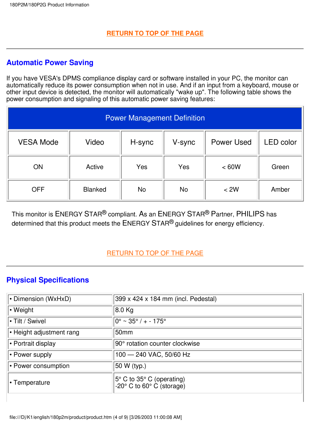 Philips 180P2M/180P2G user manual Automatic Power Saving, Sync, Power Used, Physical Specifications 