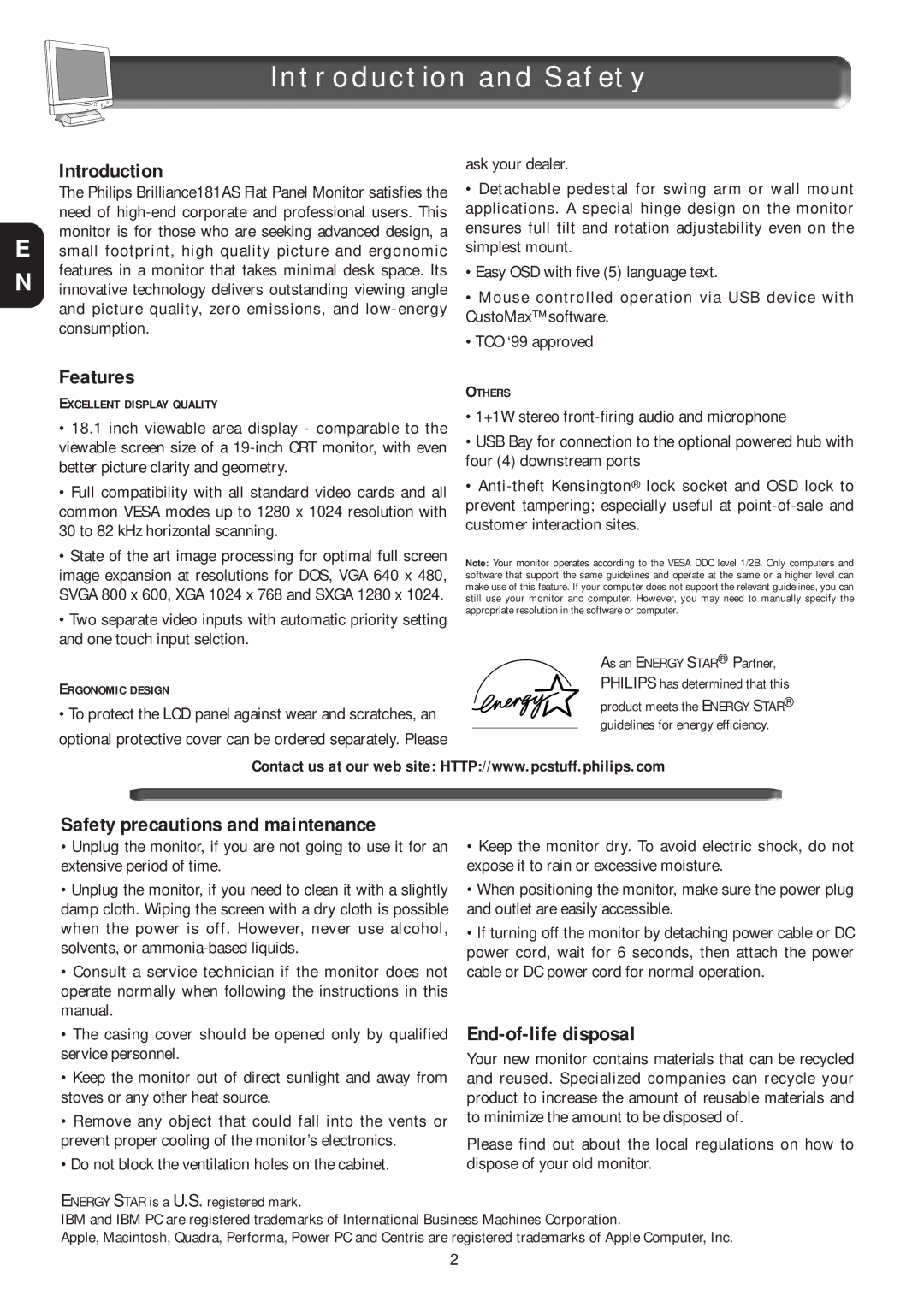 Philips 181AS, 18L8025Q manual Introduction and Safety, Features, Safety precautions and maintenance, End-of-life disposal 