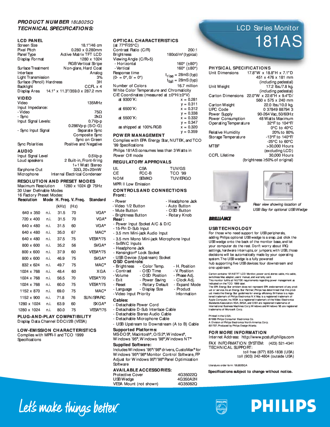 Philips 181AS manual LCD Series Monitor, PRODUCT NUMBER 18L8025Q TECHNICAL SPECIFICATIONS, Rear view showing location of 
