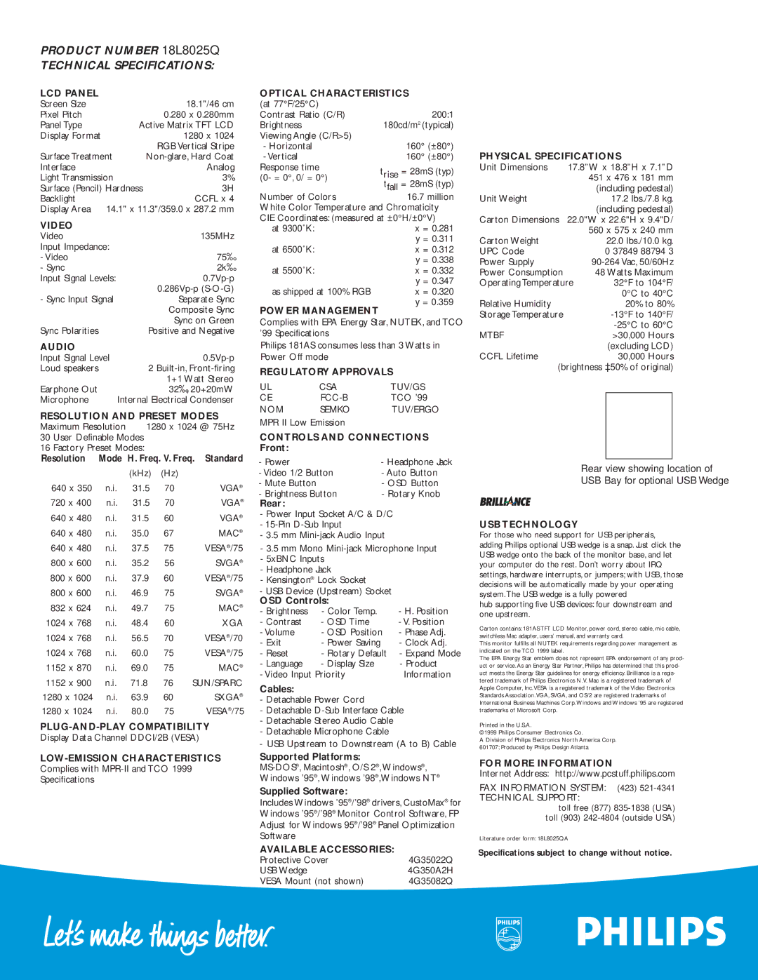 Philips 181AS LCD Panel, Video, Audio, Resolution and Preset Modes, PLUG-AND-PLAY Compatibility, Optical Characteristics 