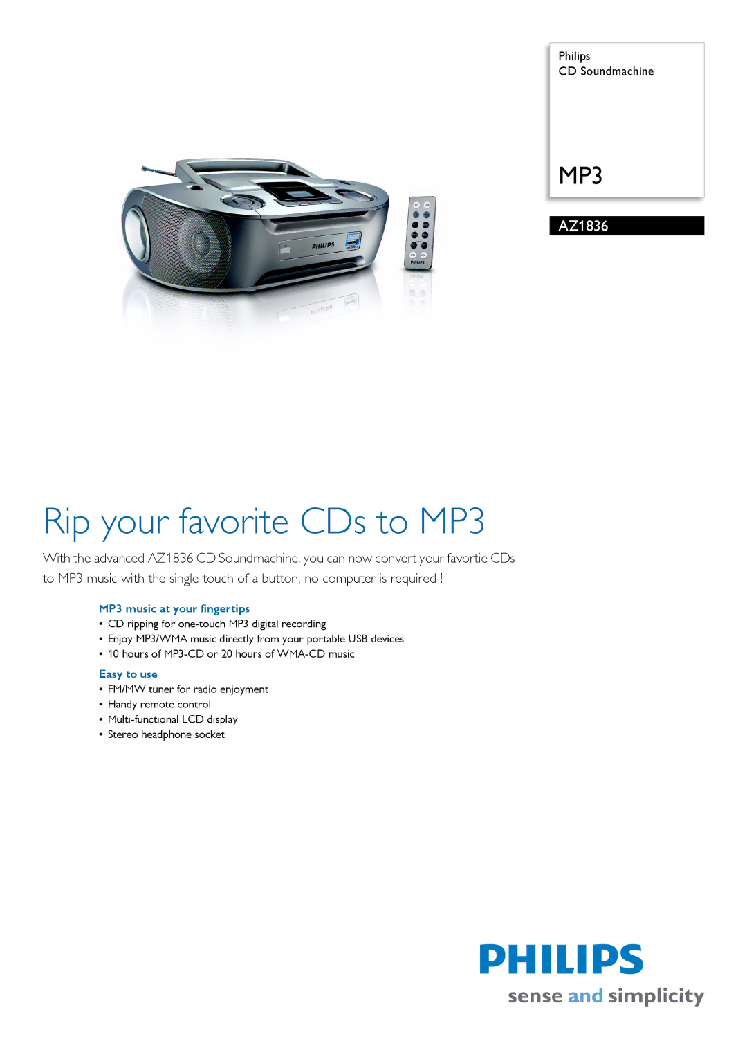 Philips 1836 manual MP3 music at your fingertips, Easy to use 