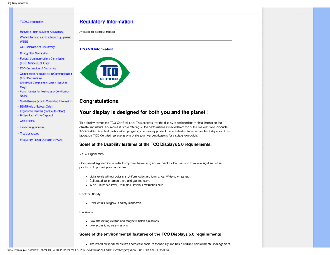 Philips 190B1CS/00 user manual Regulatory Information, TCO 5.0 Information 