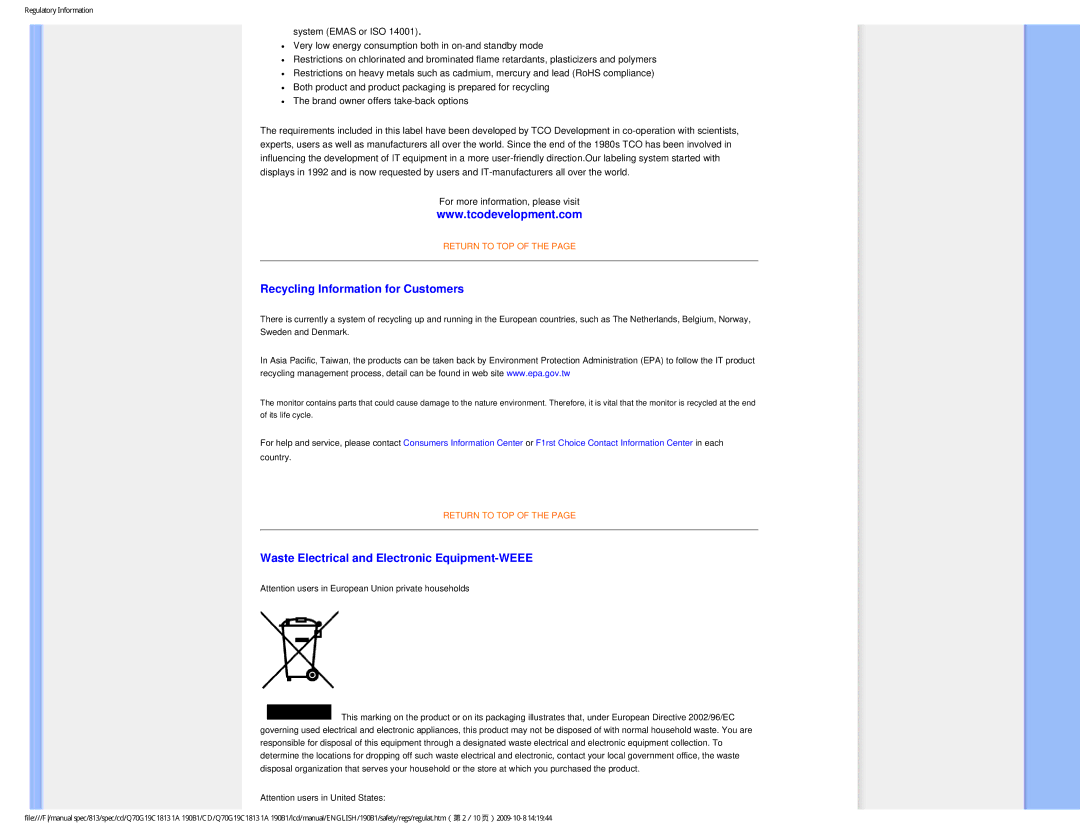 Philips 190B1CS/00 user manual Recycling Information for Customers, Waste Electrical and Electronic Equipment-WEEE 