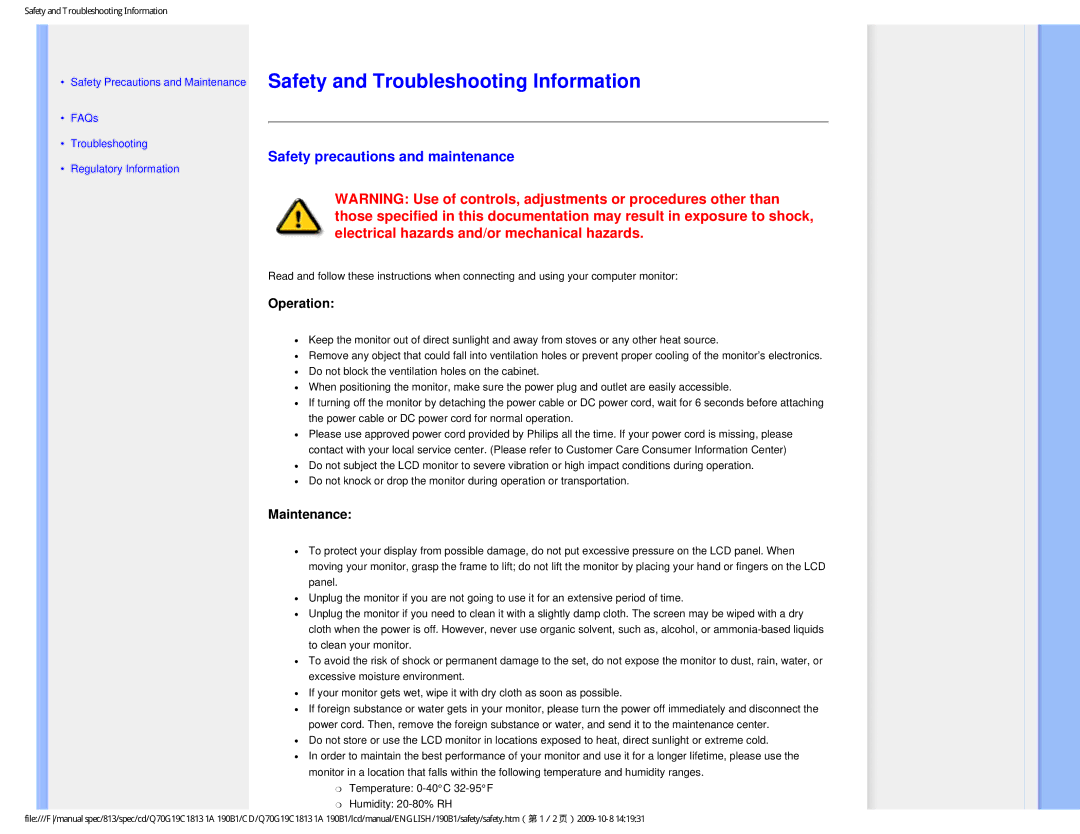 Philips 190B1 Safety and Troubleshooting Information, Safety precautions and maintenance, Operation, Maintenance 