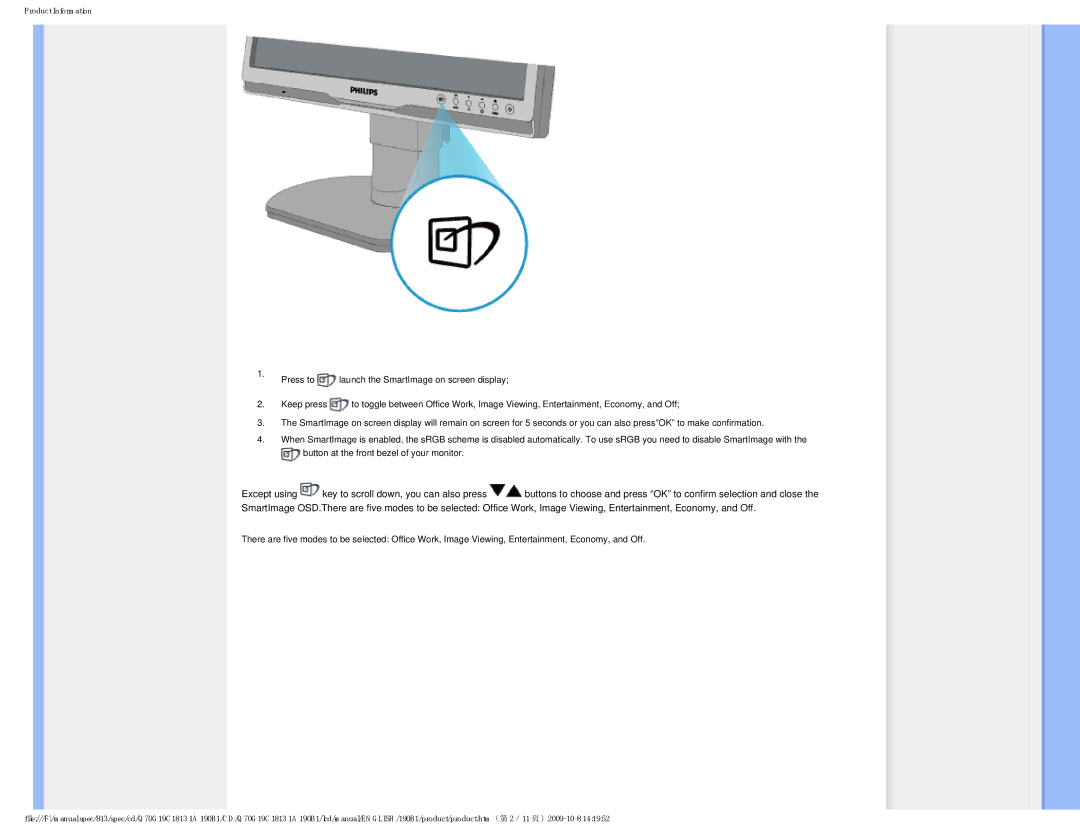 Philips 190B1CS/00 user manual Product Information 