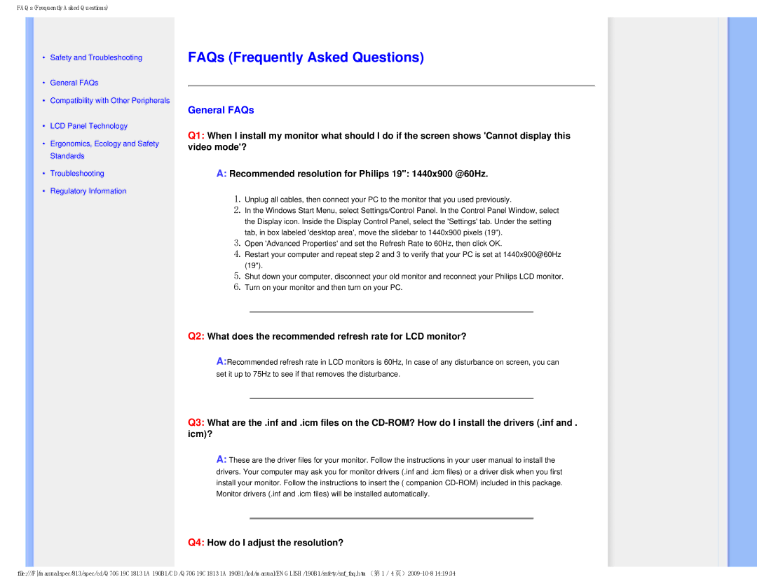 Philips 190B1 FAQs Frequently Asked Questions, General FAQs, Q2 What does the recommended refresh rate for LCD monitor? 