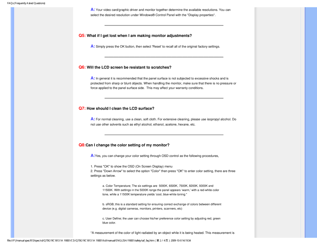Philips 190B1CS/00 Q5 What if I get lost when I am making monitor adjustments?, Q7 How should I clean the LCD surface? 