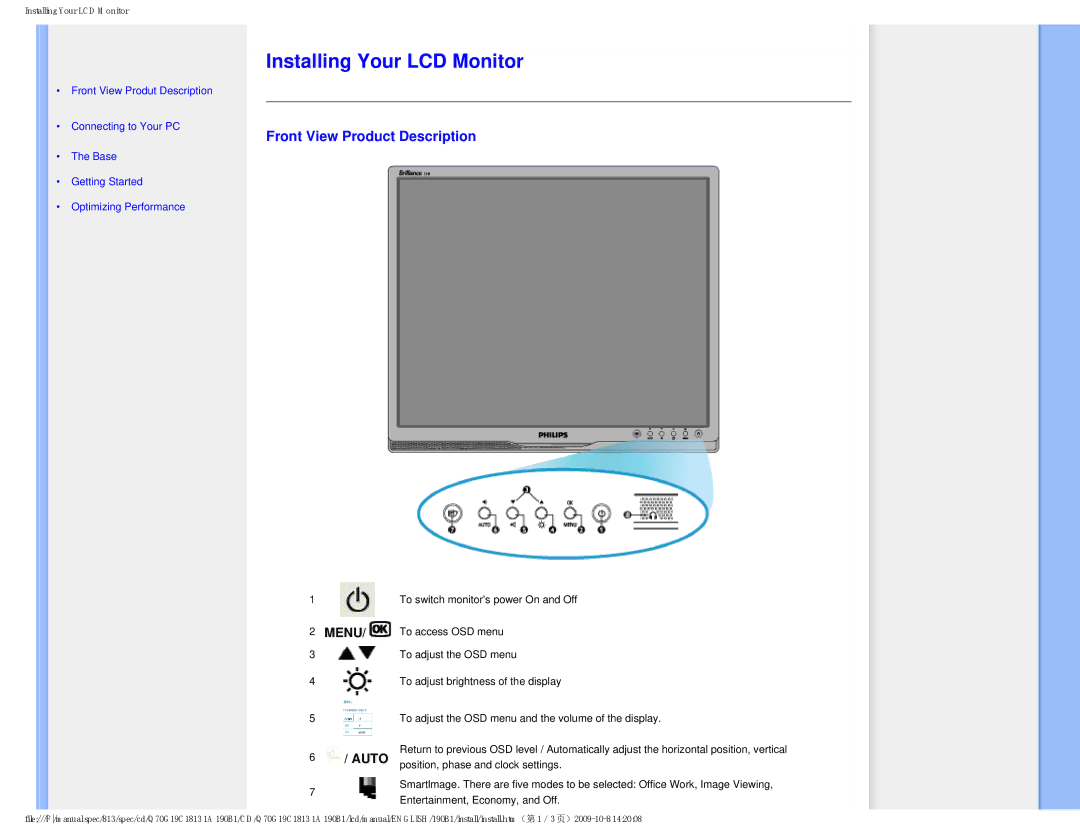 Philips 190B1CS/00 user manual Installing Your LCD Monitor, Front View Product Description, Menu Auto 