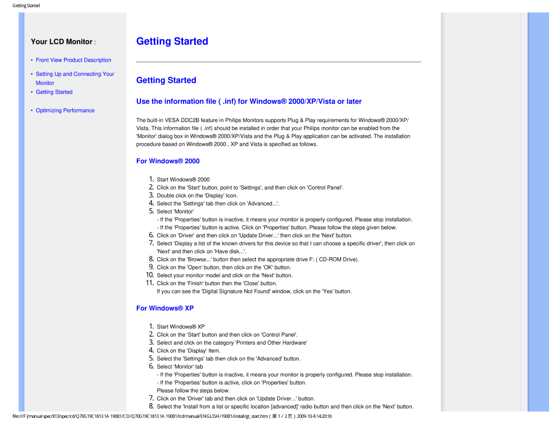 Philips 190B1CS/00 user manual Getting Started, For Windows XP 