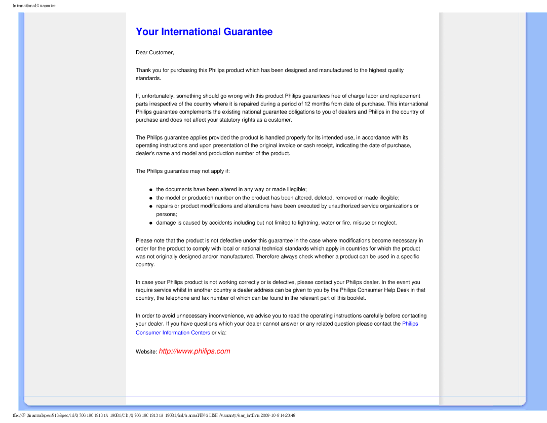 Philips 190B1CS/00 user manual Your International Guarantee 