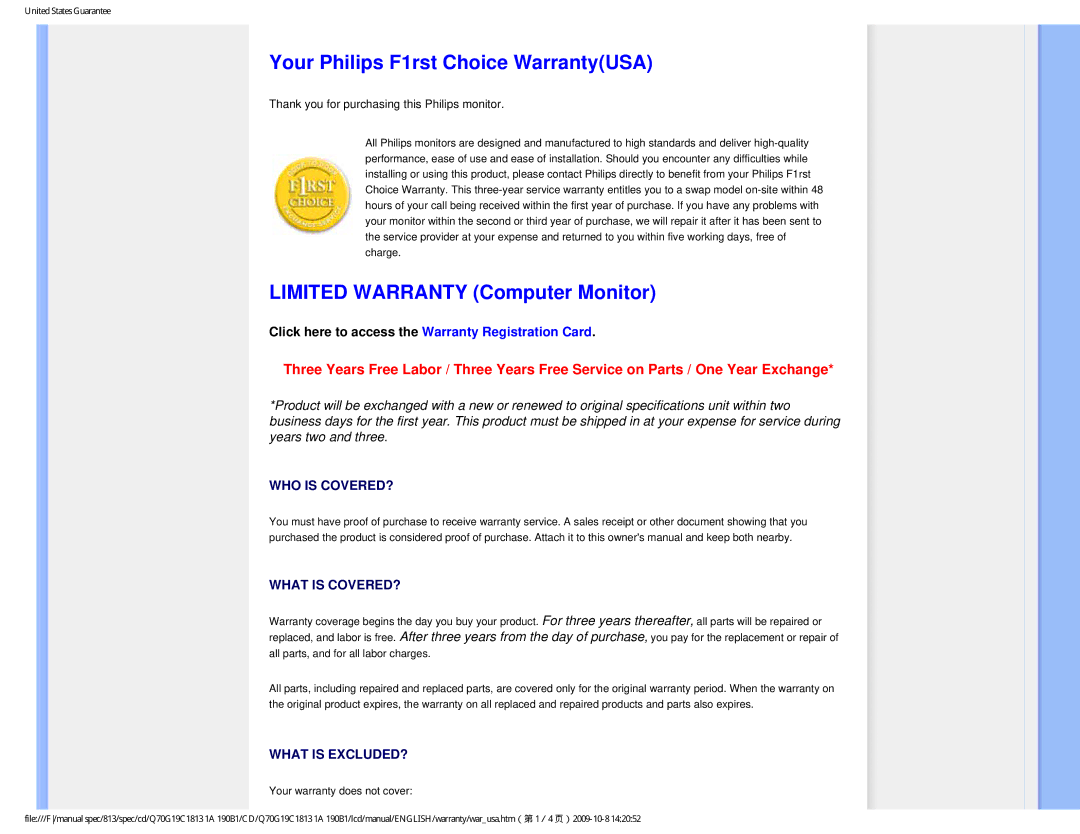 Philips 190B1CS/00 user manual Your Philips F1rst Choice WarrantyUSA, Limited Warranty Computer Monitor 