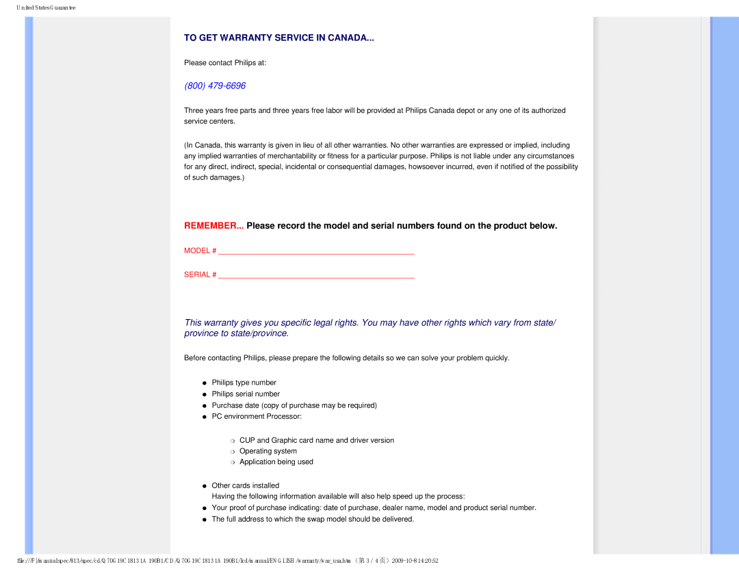 Philips 190B1CS/00 user manual To GET Warranty Service in Canada 