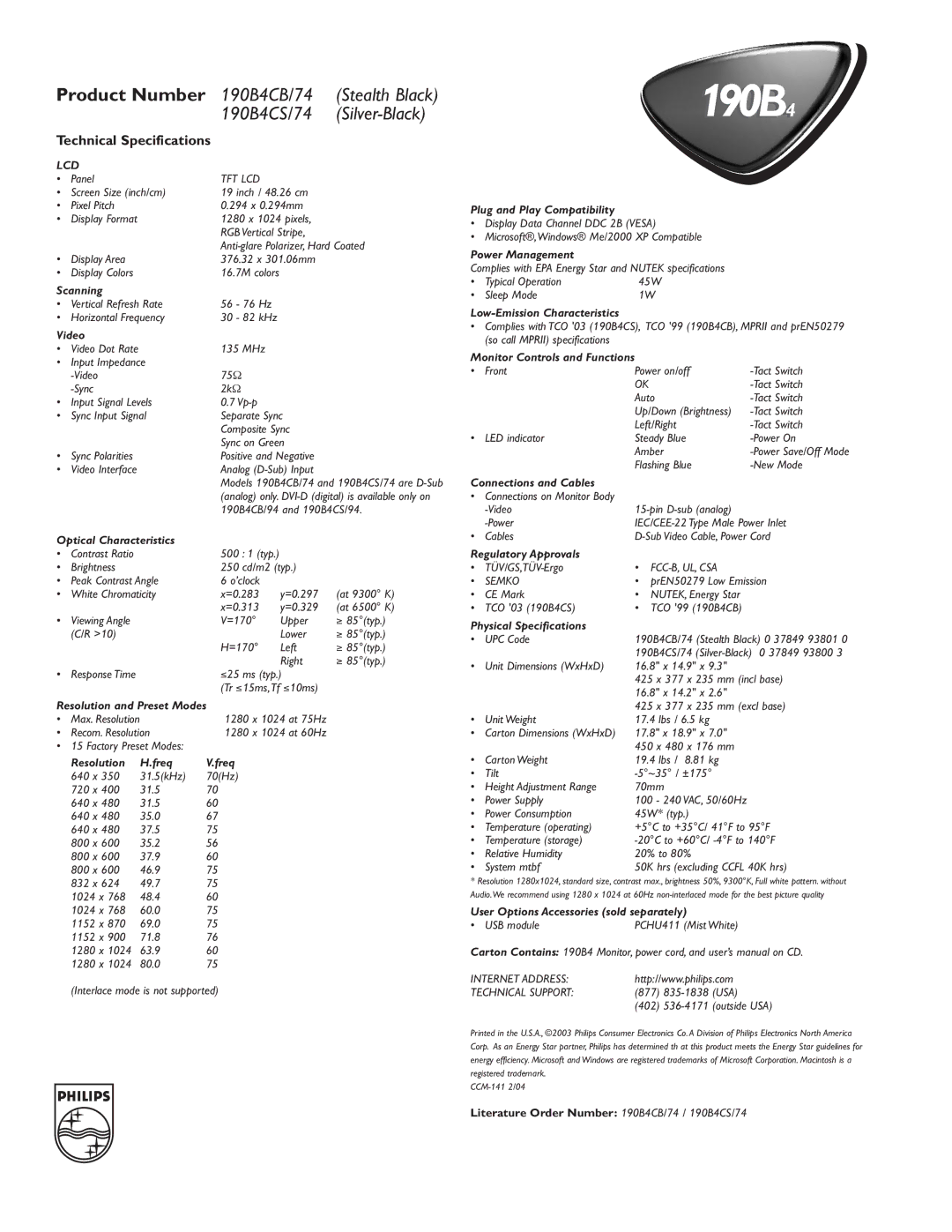 Philips 190B4 Scanning, Video, Optical Characteristics, Resolution and Preset Modes, Resolution Freq, Power Management 