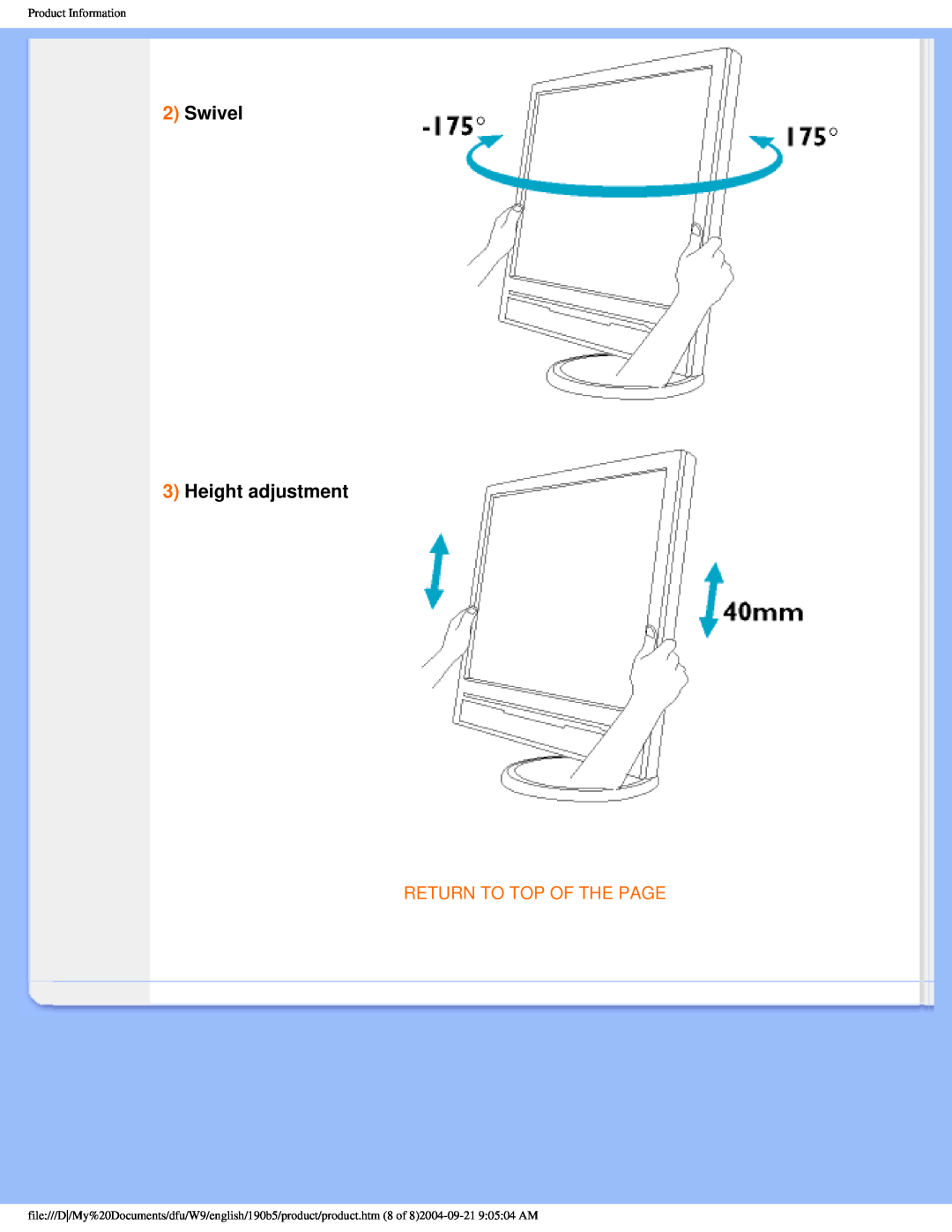 Philips 190b5 user manual Swivel 3 Height adjustment, Return To Top Of The Page, Product Information 