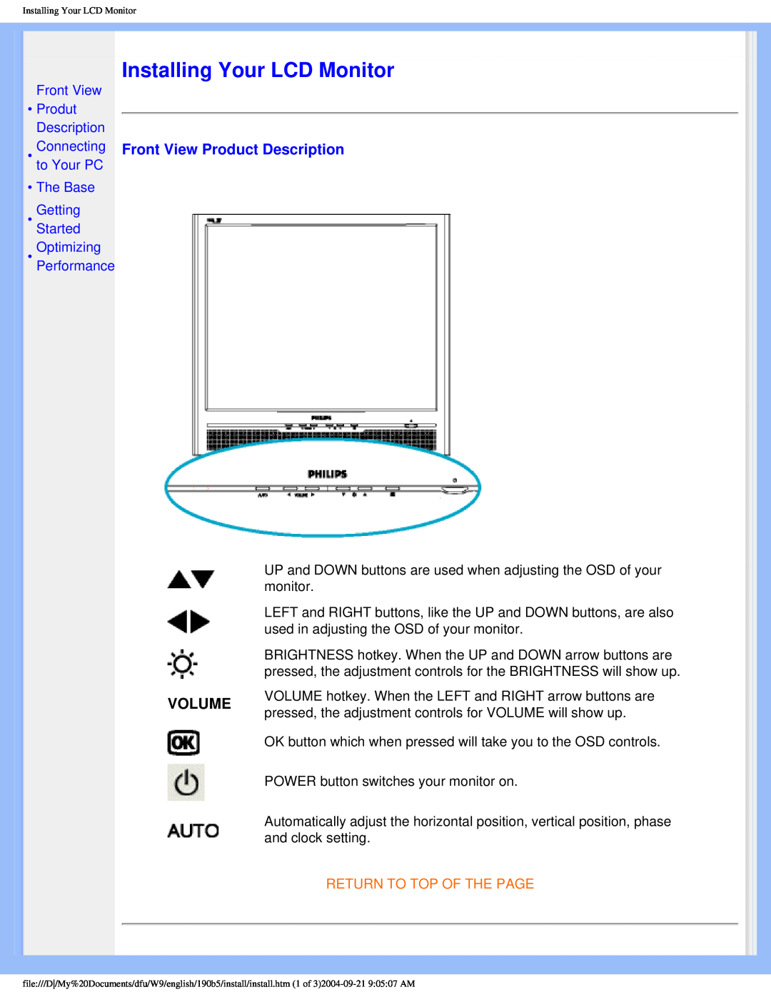 Philips 190b5 user manual Installing Your LCD Monitor, Front View Product Description, Volume, Return To Top Of The Page 