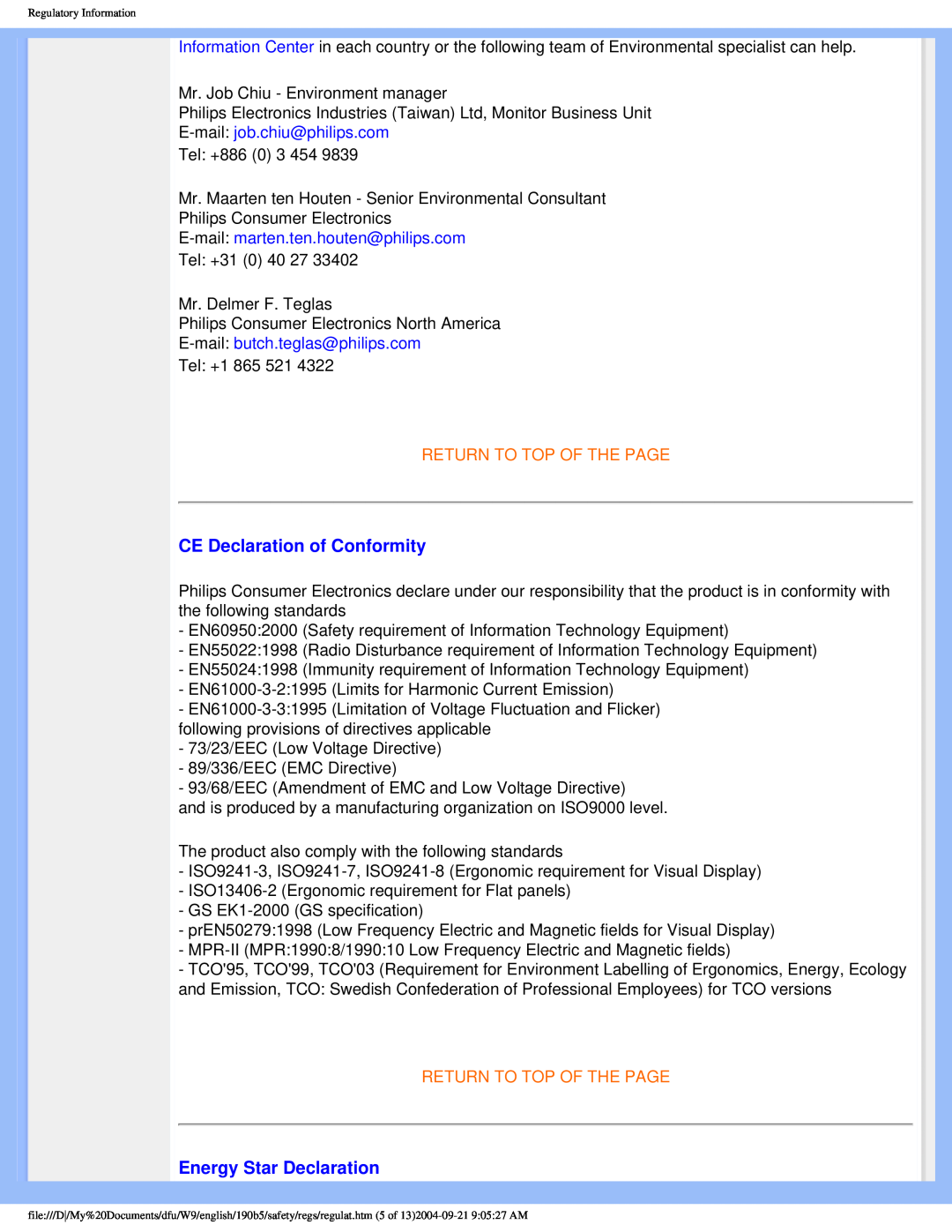 Philips 190b5 user manual CE Declaration of Conformity, Energy Star Declaration, E-mail job.chiu@philips.com 
