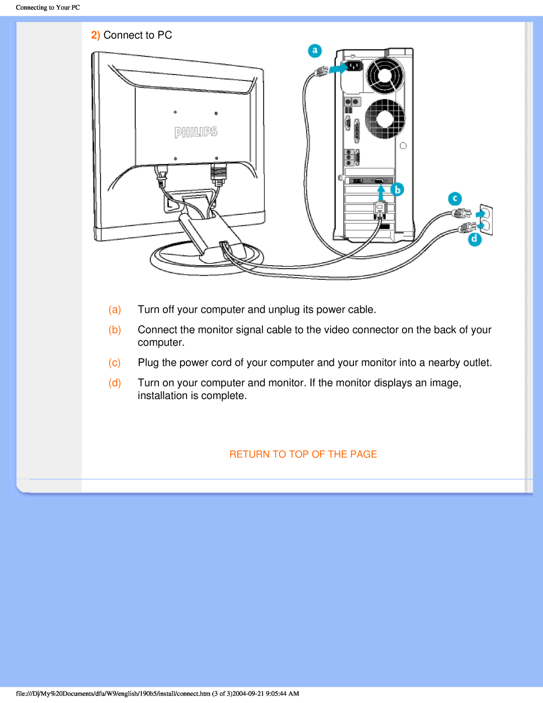 Philips 190b5 user manual Connect to PC a Turn off your computer and unplug its power cable 