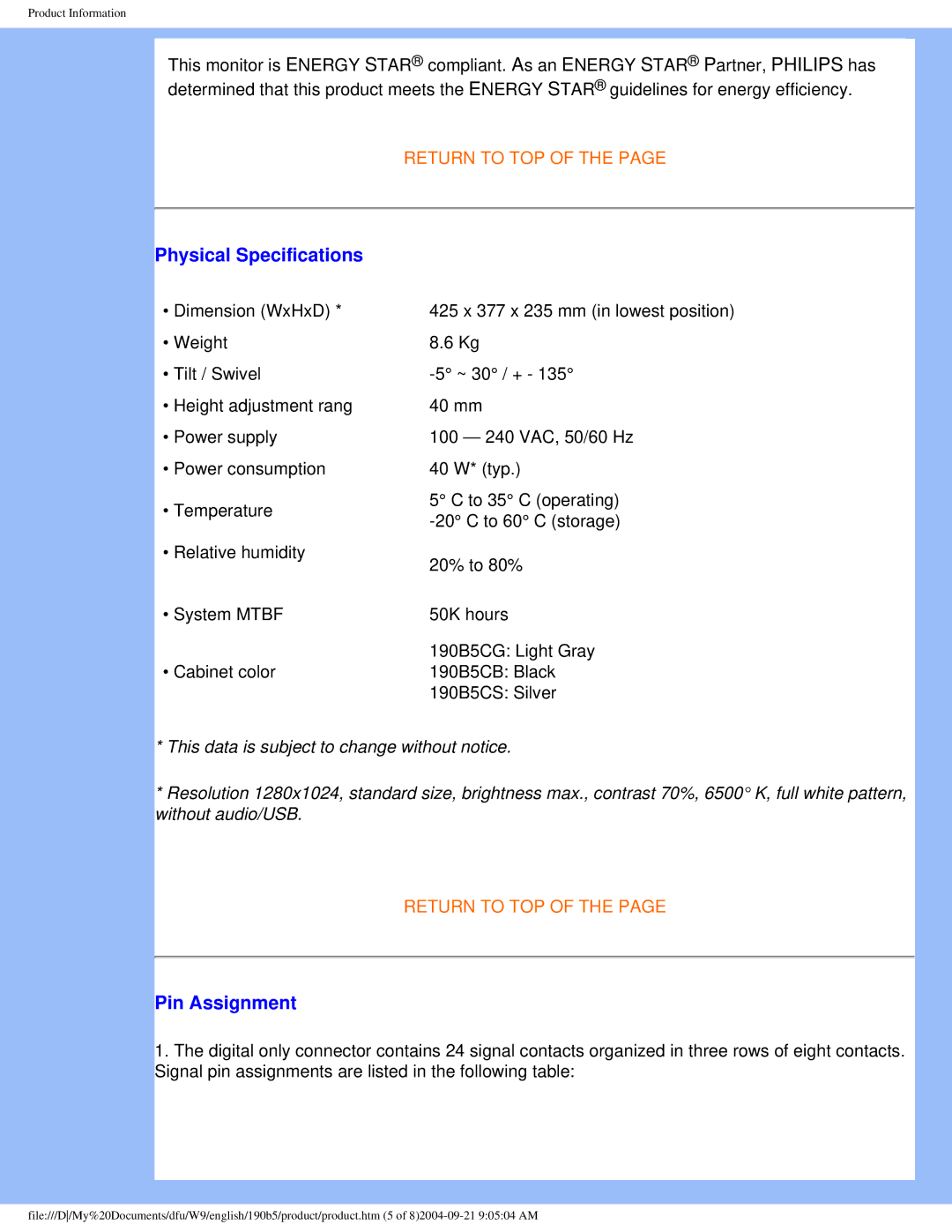 Philips 190b5 user manual Physical Specifications, Pin Assignment 