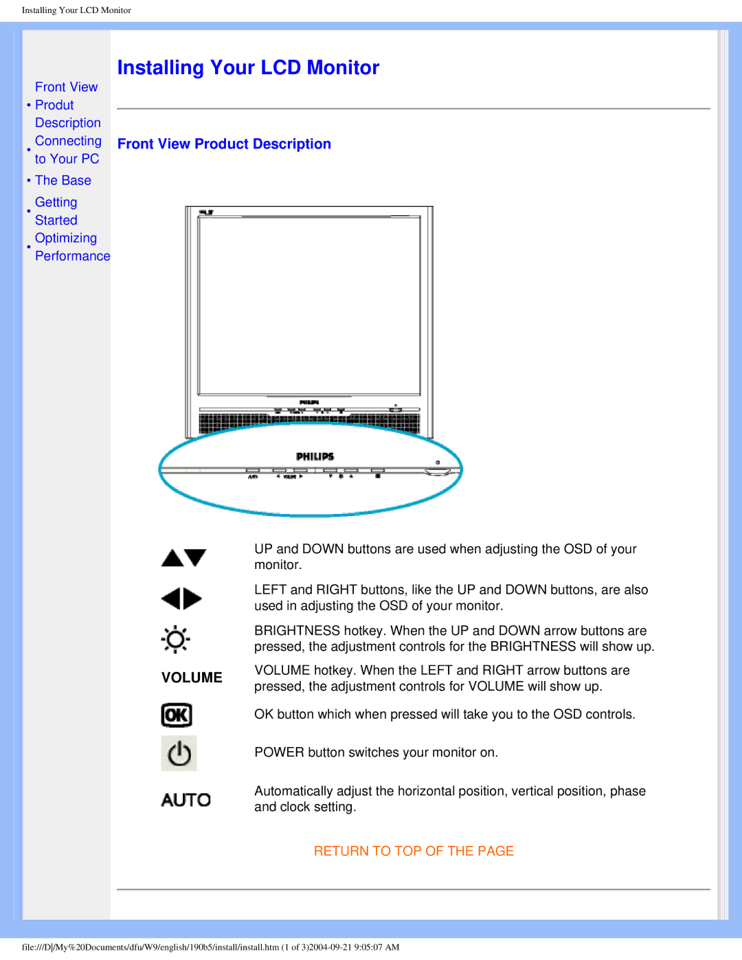 Philips 190b5 user manual Installing Your LCD Monitor, Front View Product Description 