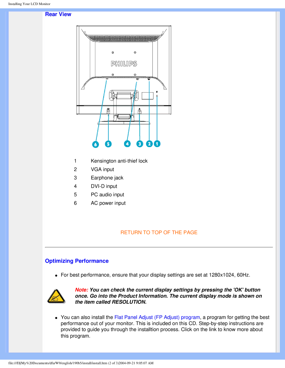 Philips 190b5 user manual Rear View, Optimizing Performance 