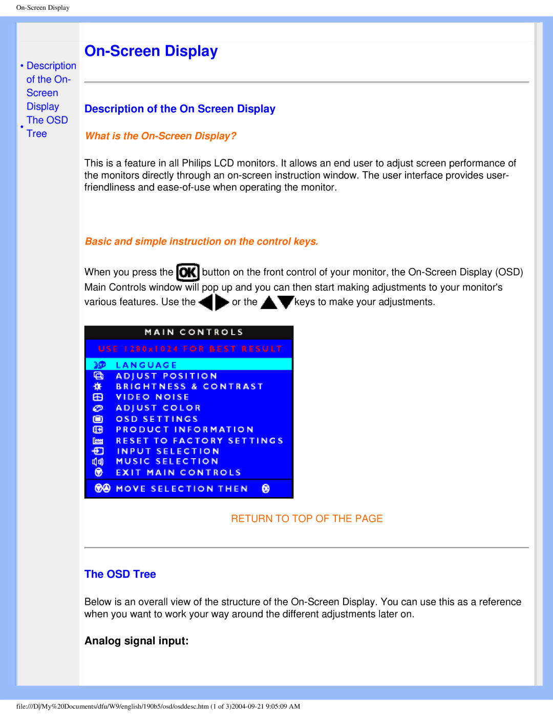 Philips 190b5 user manual Description of the On Screen Display, OSD Tree 