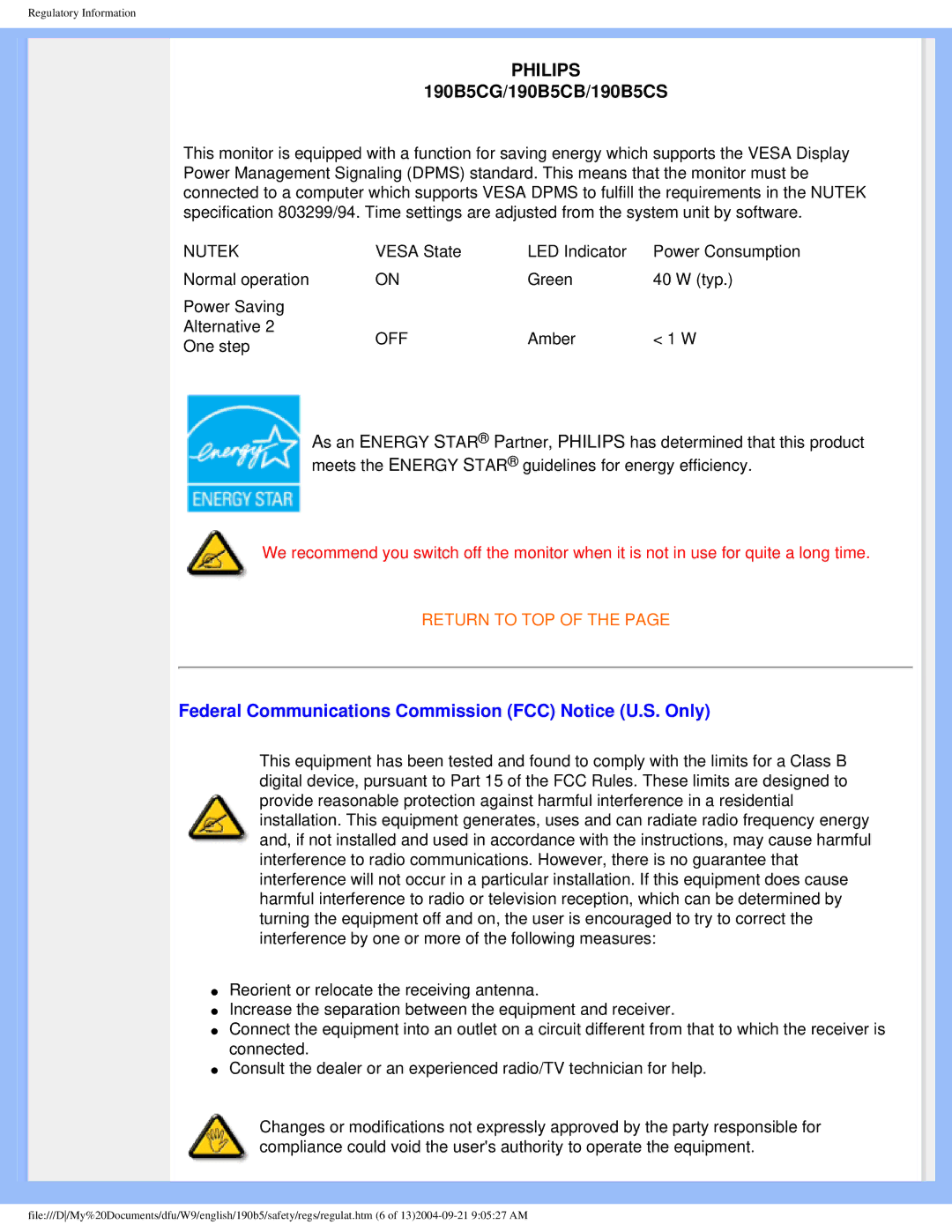 Philips 190b5 user manual Philips, Federal Communications Commission FCC Notice U.S. Only 