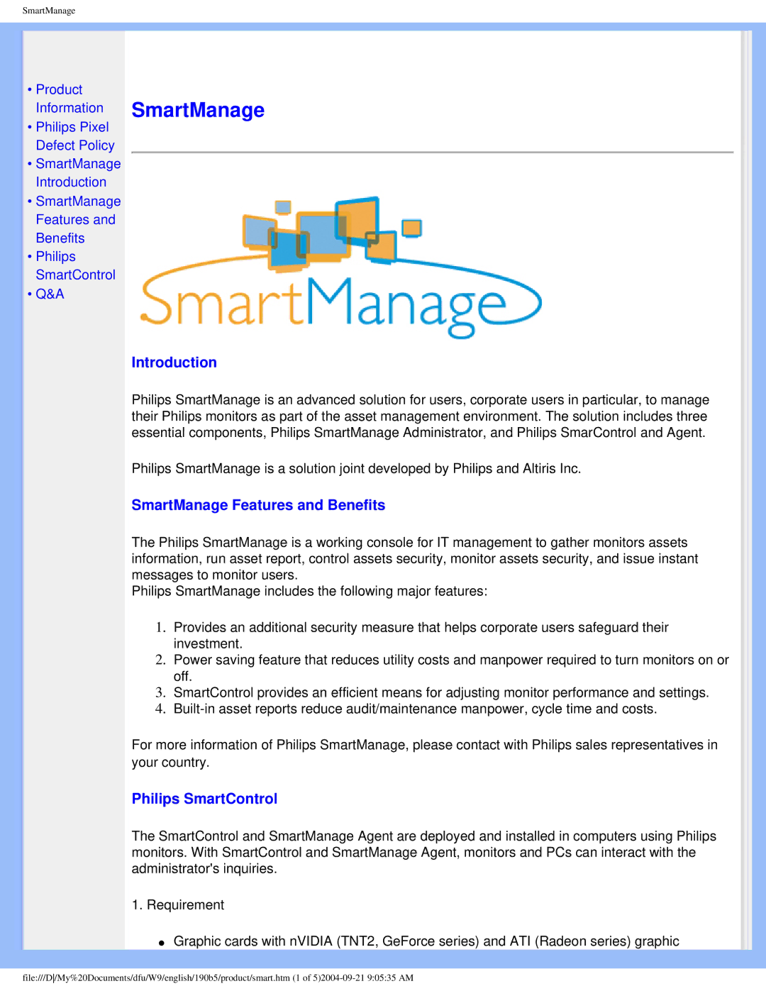 Philips 190b5 user manual Introduction, SmartManage Features and Benefits, Philips SmartControl 