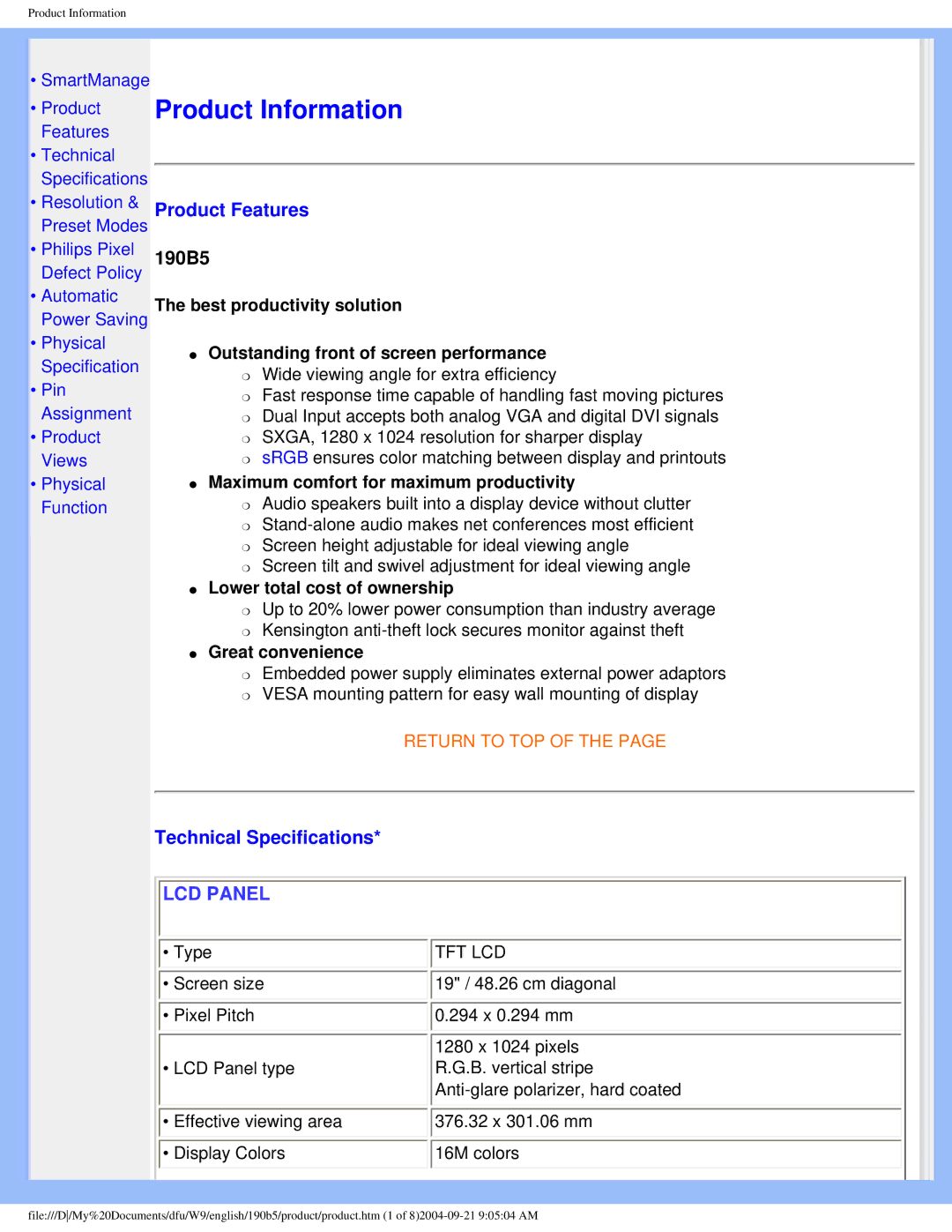 Philips 190b5 user manual Product Features, Technical Specifications 