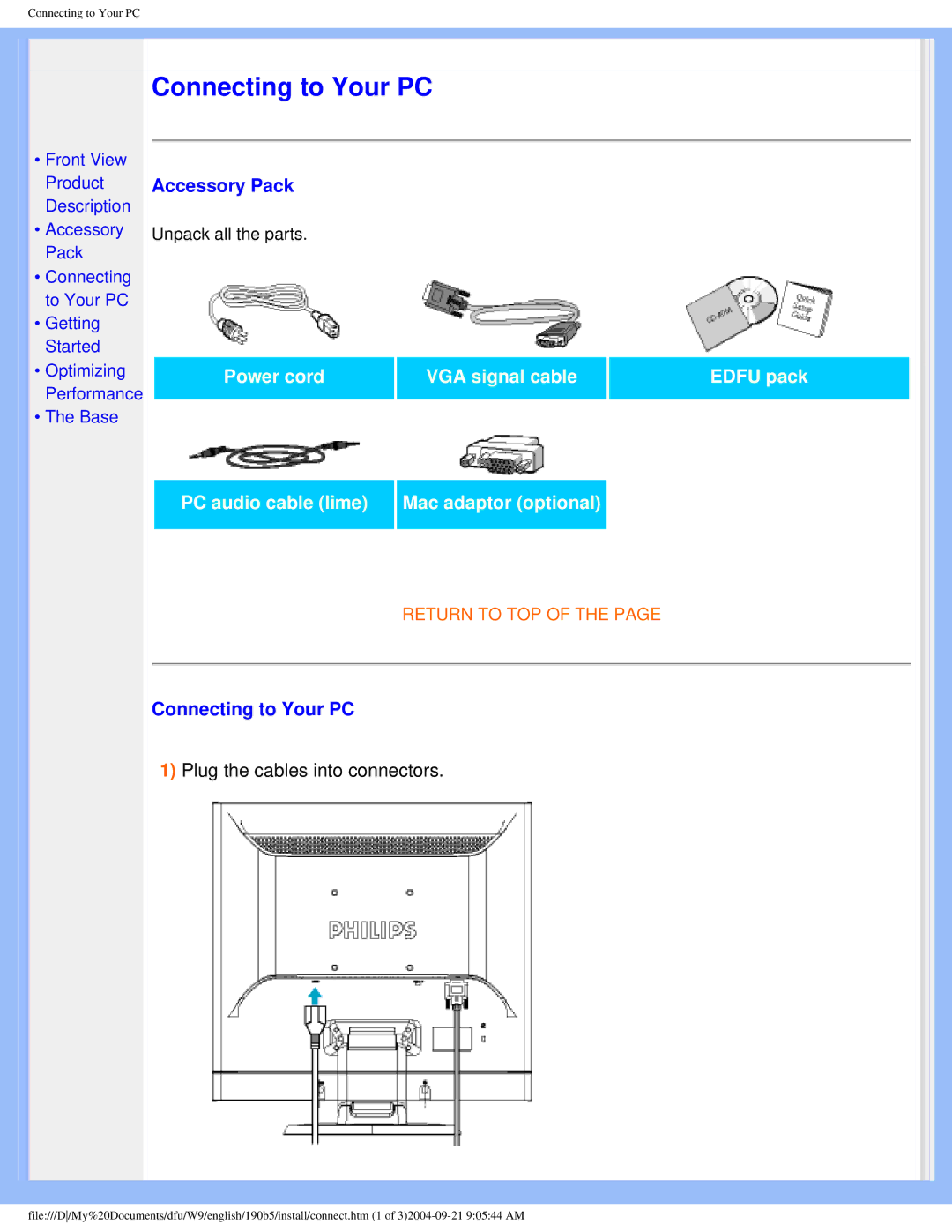 Philips 190b5 user manual Accessory Pack, Connecting to Your PC 