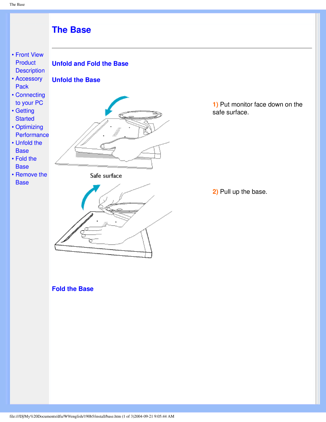 Philips 190b5 user manual Unfold and Fold the Base Unfold the Base 