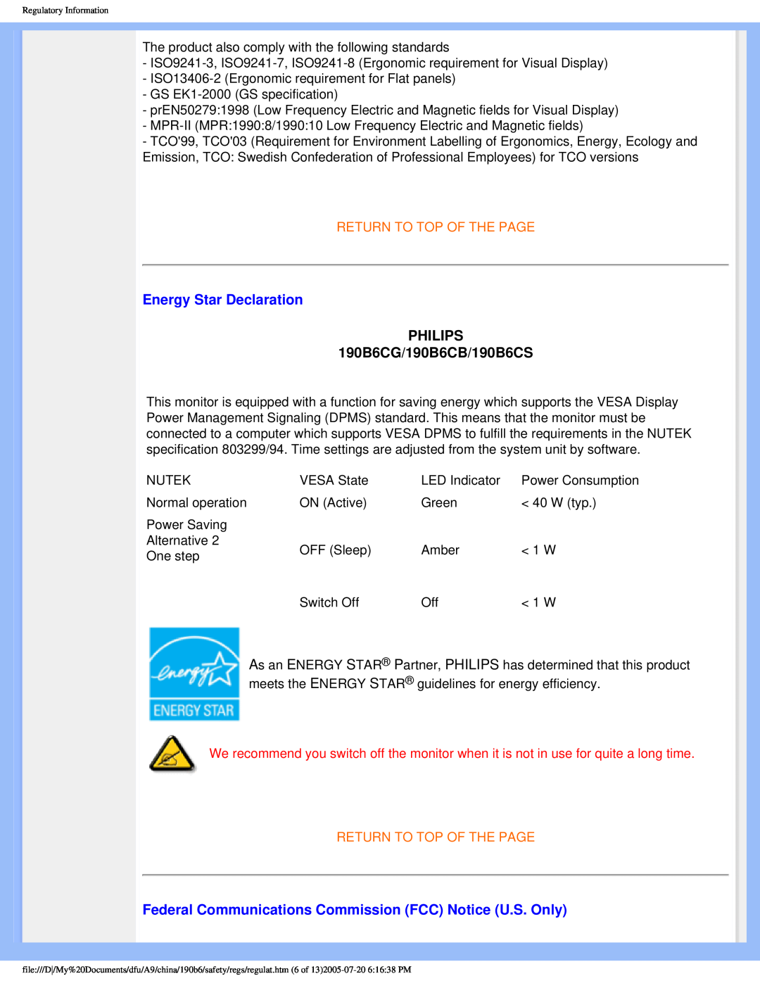 Philips user manual Energy Star Declaration, PHILIPS 190B6CG/190B6CB/190B6CS, Return To Top Of The Page 