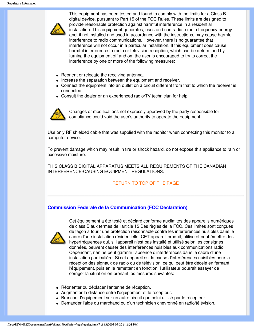 Philips 190B6 user manual Commission Federale de la Communication FCC Declaration, Return To Top Of The Page 
